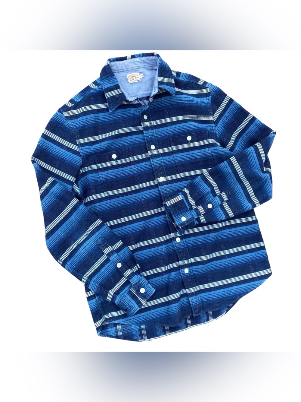 Faherty Button Up Surf Shirt Blue Stripe Heavyweight Blanket Knit Mens Medium - Picture 4 of 6
